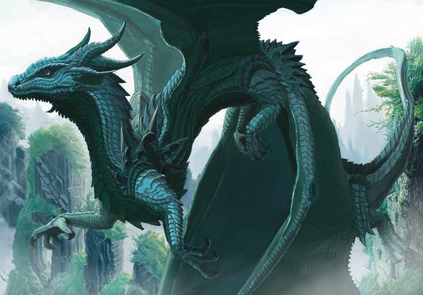 ambiguous_gender claws dragon dragonizm feral fog hi_res horn lying nature outside rock scales solo vines wings