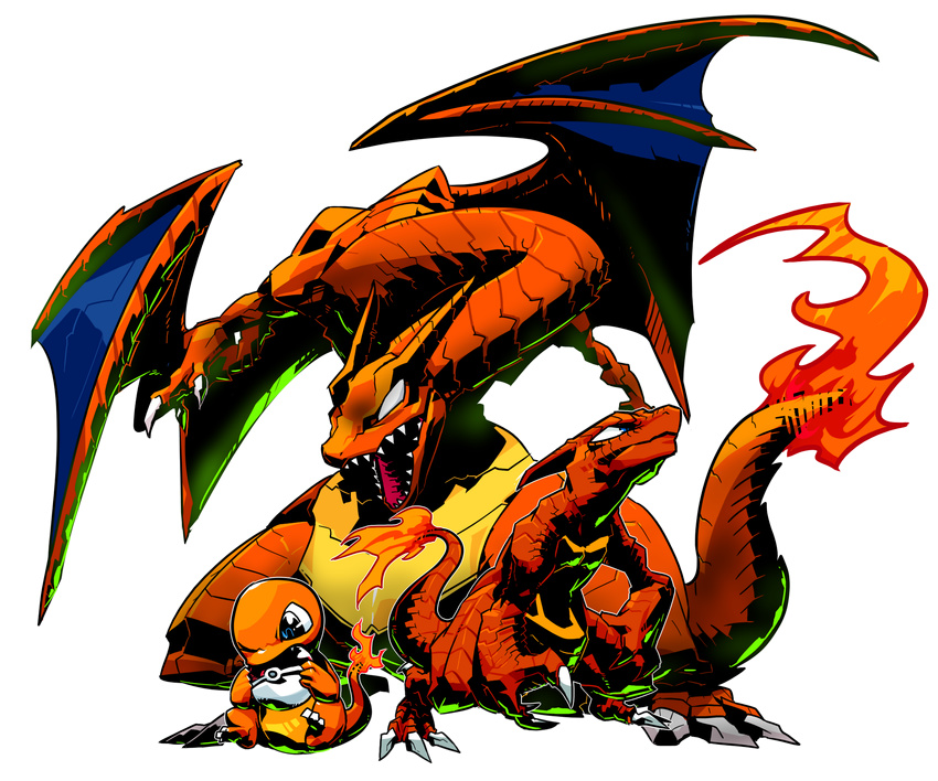 blue_eyes blue_wings charizard charmander charmeleon claws dragon evolution fang fire flame full_body gen_1_pokemon highres looking_up monster no_humans no_pupils open_mouth poke_ball pokemon pokemon_(creature) pose sido_(slipknot) sitting transparent_background wings