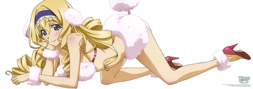 absurdres all_fours blonde_hair blue_hairband cecilia_alcott cosplay drill_hair hairband hashimoto_takayoshi highres infinite_stratos legs long_hair long_image long_legs non-web_source official_art poodle purple_eyes solo tail very_long_hair wide_image