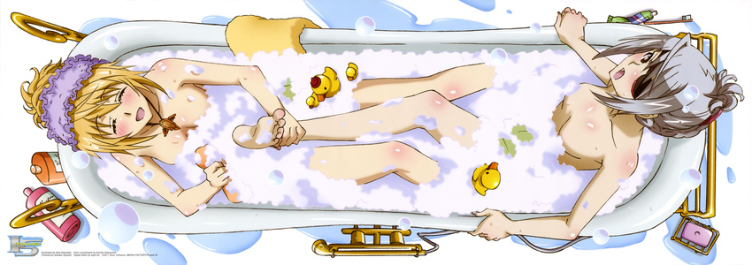 absurdres barefoot bath bathing bathtub blonde_hair breasts bubble bubble_bath censored charlotte_dunois cleavage closed_eyes convenient_censoring eyepatch feet from_above hairband highres infinite_stratos kawasaki_aika laura_bodewig leg_grab legs long_legs multiple_girls non-web_source official_art open_mouth shared_bathing shower_cap silver_hair small_breasts