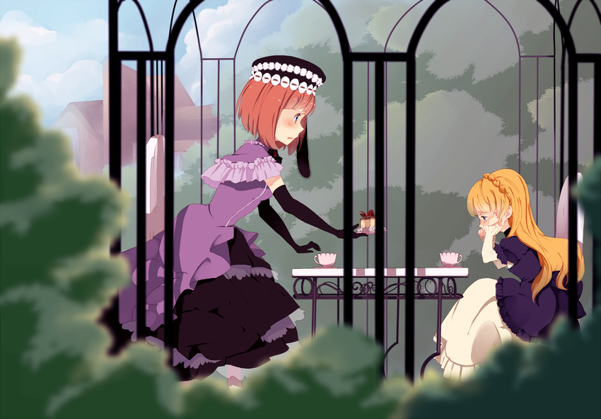 ai-wa bad_id bad_pixiv_id beatrice blonde_hair blue_eyes blurry braid cake cup depth_of_field dress elbow_gloves eva_beatrice food frills fruit gazebo gloves hat house multiple_girls orange_hair plant strawberry teacup umineko_no_naku_koro_ni younger