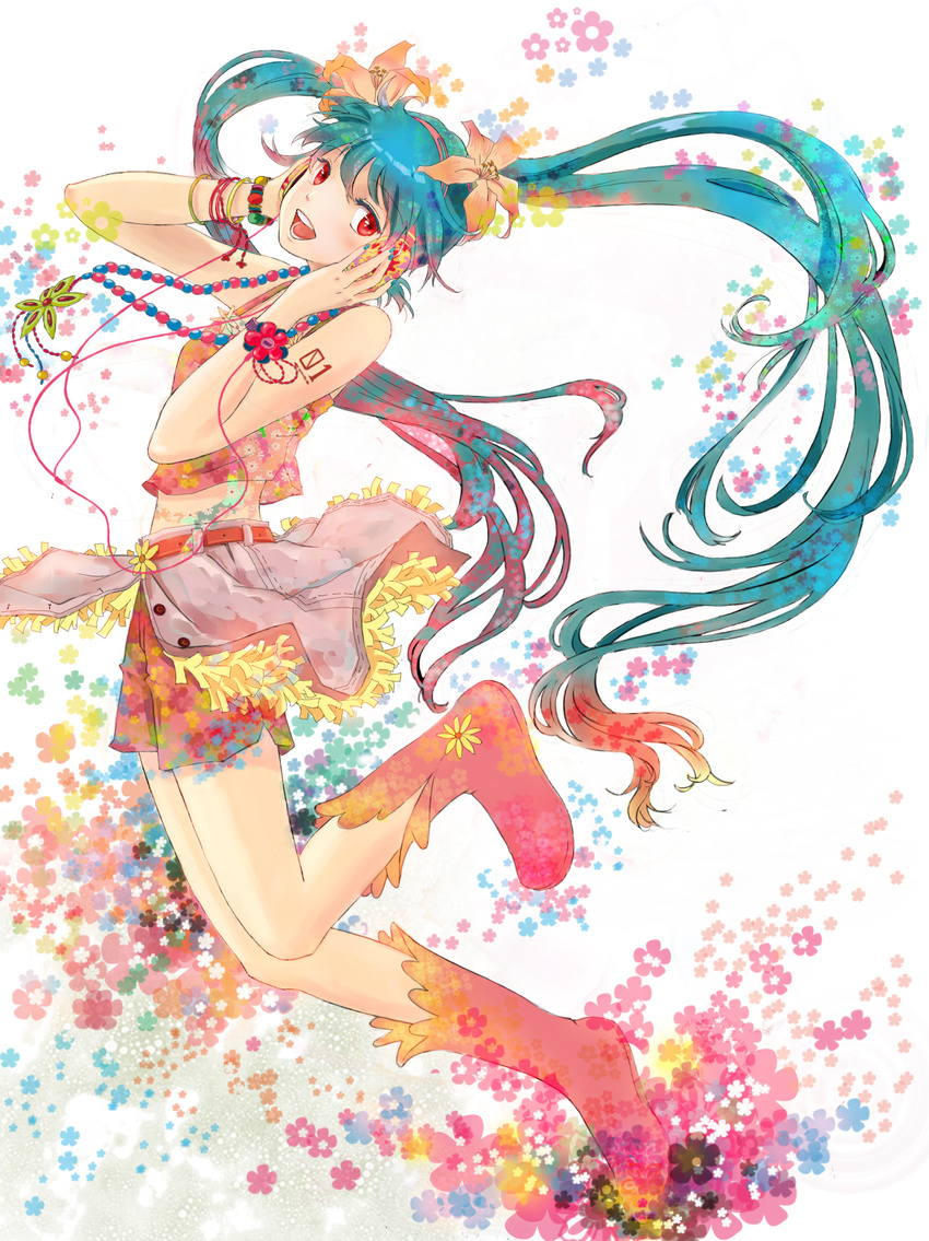 aqua_hair bad_id bad_pixiv_id belt boots bracelet feiqiuxuan hatsune_miku headphones highres jewelry long_hair midriff nail_polish necklace open_mouth red_eyes solo tattoo twintails very_long_hair vocaloid