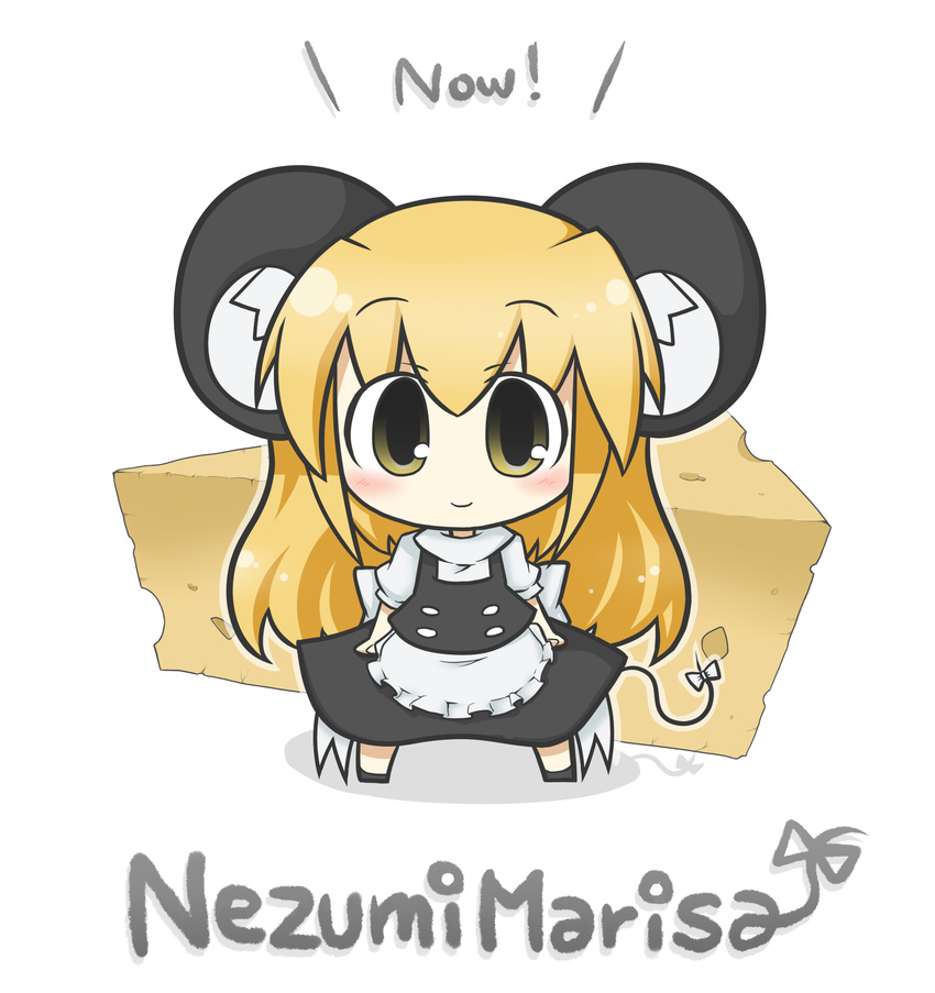 animal_ears apron bad_id bad_pixiv_id bangs black_dress blonde_hair blush bow buttons character_name cheese chibi dress food highres kemonomimi_mode kirisame_marisa light_smile long_hair looking_at_viewer minigirl mouse_ears mouse_marisa mouse_tail no_hat no_headwear shirt simple_background solo standing tail tail_bow touhou white_background yellow_eyes yuasan