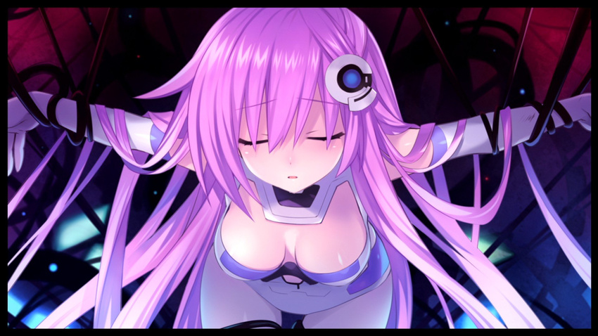 bangs bdsm bent_over blush bondage border bound bound_arms bound_legs breasts breasts_apart cable choujigen_game_neptune_mk2 cleavage_cutout closed_eyes cowboy_shot elbow_gloves game_cg gloves hair_between_eyes hair_ornament highres lavender_hair leotard long_hair magical_girl medium_breasts nepgear neptune_(series) official_art outstretched_arms parted_lips purple_sister raised_eyebrows solo spread_arms tsunako very_long_hair wallpaper white_gloves widescreen
