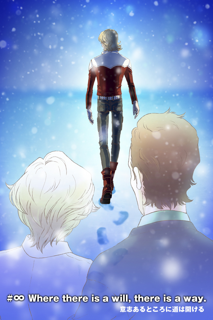 2boys barnaby_brooks_jr barnaby_brooks_sr belt blonde_hair boots emily_brooks family footprints from_behind ghost highres jacket kirie_(pixiv25868) multiple_boys red_jacket snow snowing studded_belt tiger_&amp;_bunny