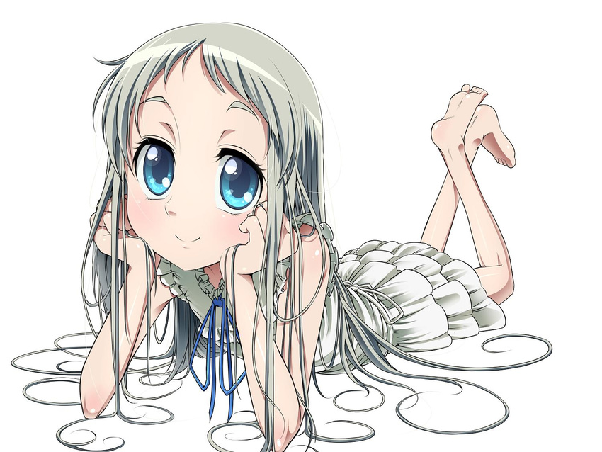 ano_hi_mita_hana_no_namae_wo_bokutachi_wa_mada_shiranai. barefoot blue_eyes dress honma_meiko kemu long_hair lying on_stomach perspective silver_hair sleeveless sleeveless_dress solo