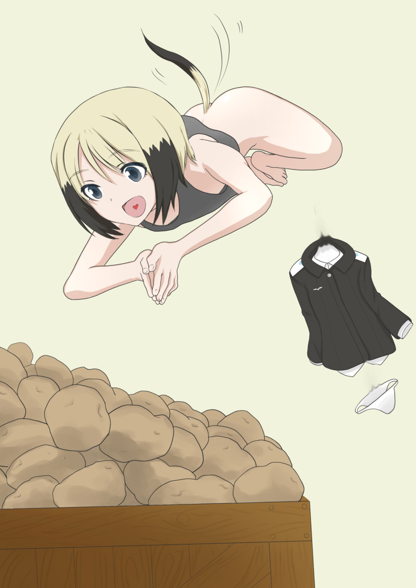 ass blonde_hair blue_eyes bottomless breasts butt_crack erica_hartmann heart highres lupin_dive military military_uniform no_panties open_mouth panties potato simple_background small_breasts smile solo strike_witches tail tail_wagging tank_top underwear uniform user_jzf4657 white_panties world_witches_series yellow_background