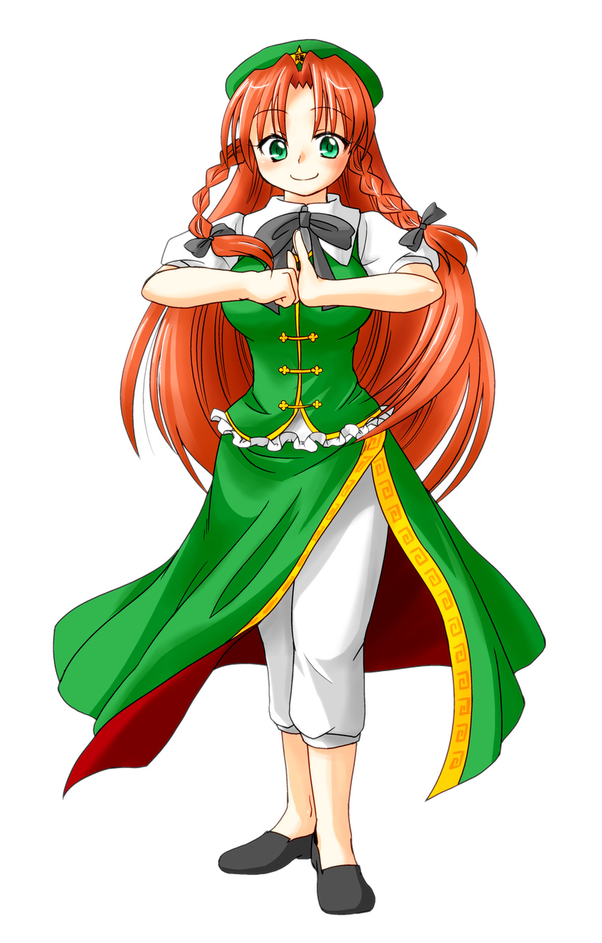 absurdres bad_id bad_pixiv_id bow bowtie braid brown_eyes china_dress chinese_clothes dress full_body hair_ribbon hat highres hong_meiling long_hair red_hair ribbon sakura_(doors) smile solo star touhou transparent_background twin_braids very_long_hair