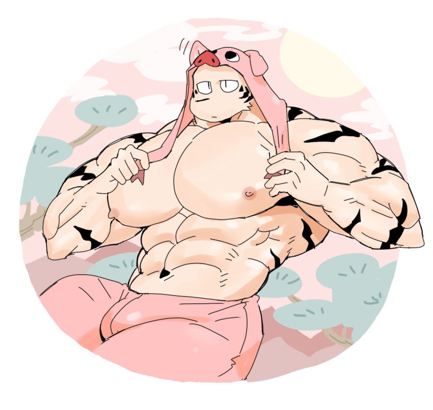 2018 abs anthro biceps clothing feline fur kemono male mammal muscular muscular_male nipples pantherine pecs simple_background solo syukapong tiger white_fur