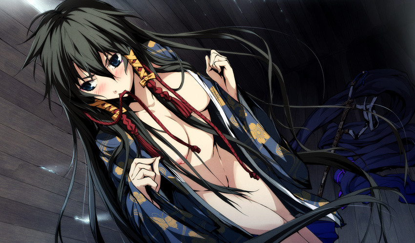 black_hair blue_eyes blush breasts g_yuusuke game_cg hair_ribbon highres japanese_clothes kajiri_kamui_kagura kimono koga_rindou long_hair medium_breasts mouth_hold open_clothes open_kimono ribbon solo sword undressing weapon wooden_floor