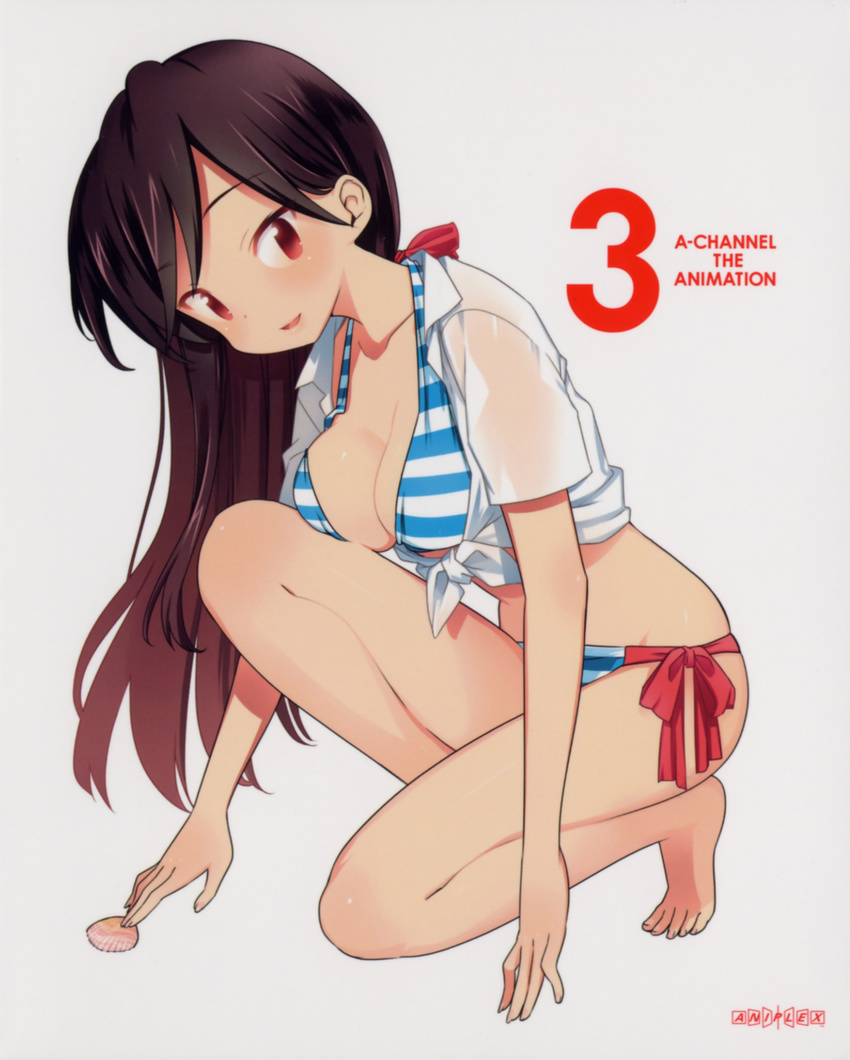 a_channel absurdres barefoot bikini black_hair blush breast_rest breasts cleavage collarbone feet front-tie_top full_body hands highres kuroda_bb large_breasts long_hair midriff nishi_yuuko official_art one_knee red_eyes shirt side-tie_bikini simple_background skindentation smile solo striped striped_bikini swimsuit tied_shirt toenails toes tsurime