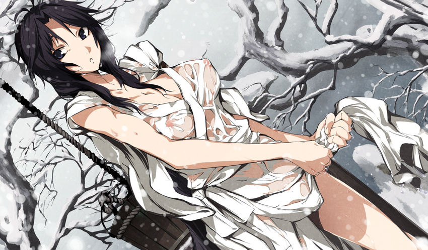 black_hair g_yuusuke game_cg kajiri_kamui_kagura nipples no_bra nopan see_through snow wet