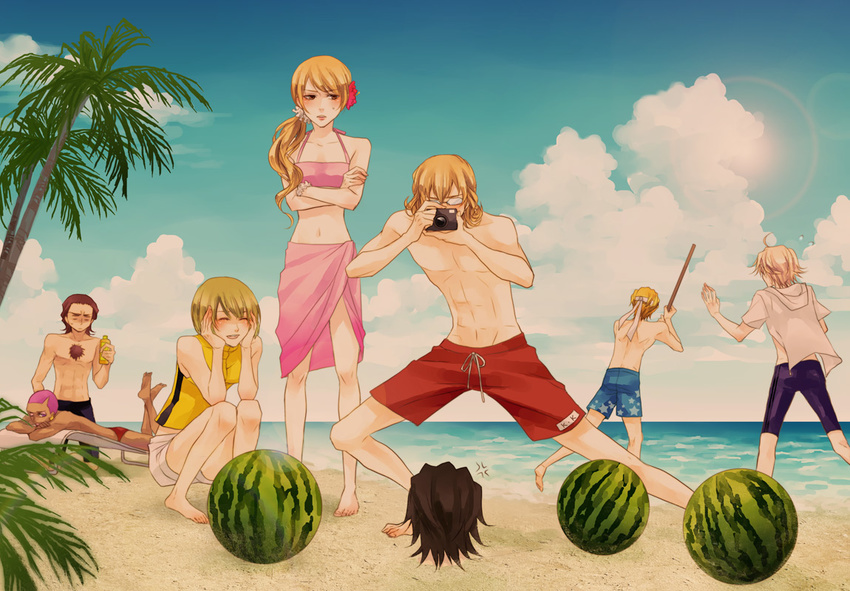 6+boys ^_^ akixx anger_vein antonio_lopez bad_id bad_pixiv_id barnaby_brooks_jr beach bikini bikini_top blindfold blonde_hair brown_hair chest_hair closed_eyes crossed_arms dark_skin food fruit glasses huang_baoling ivan_karelin kaburagi_t_kotetsu karina_lyle keith_goodman long_hair male_swimwear multiple_boys multiple_girls nathan_seymour pink_hair pink_sarong ponytail sarong short_hair stick swim_trunks swimsuit swimwear tank_top tiger_&amp;_bunny watermelon