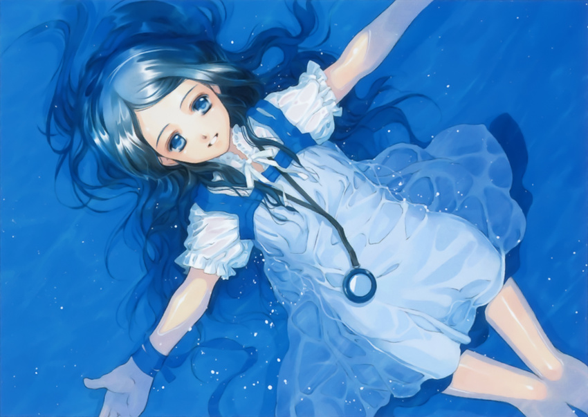 black_hair blue blue_eyes copyright_request dress from_above long_hair outstretched_arms partially_submerged ribbon shiina_yuu short_dress short_sleeves smile solo spread_arms thigh_gap very_long_hair water wet wet_clothes white_dress wrist_ribbon