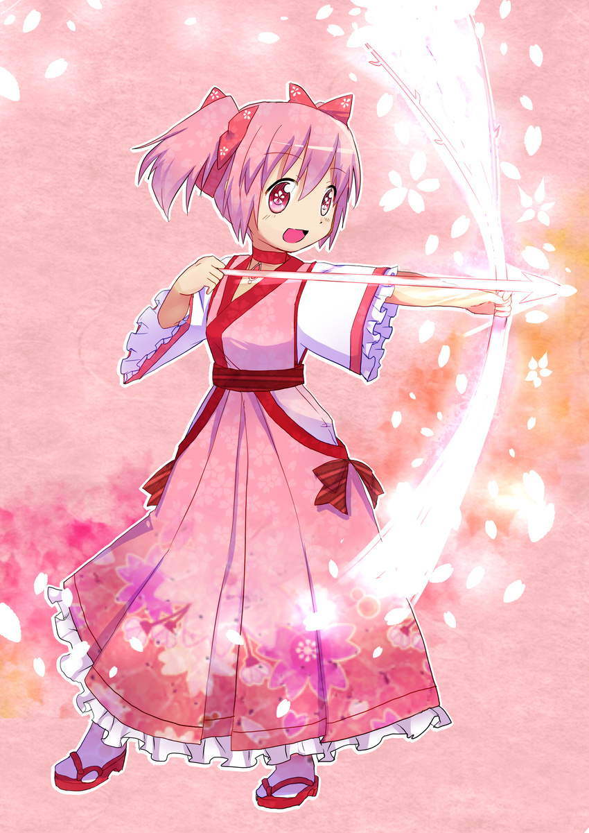 absurdres alternate_costume bad_id bad_pixiv_id bow bow_(weapon) choker frills full_body gathers hair_ribbon hakama highres japanese_clothes kaname_madoka mahou_shoujo_madoka_magica nyori pink pink_bow pink_hair pink_hakama red_choker red_eyes ribbon shoes short_hair short_twintails smile solo symbol-shaped_pupils twintails weapon