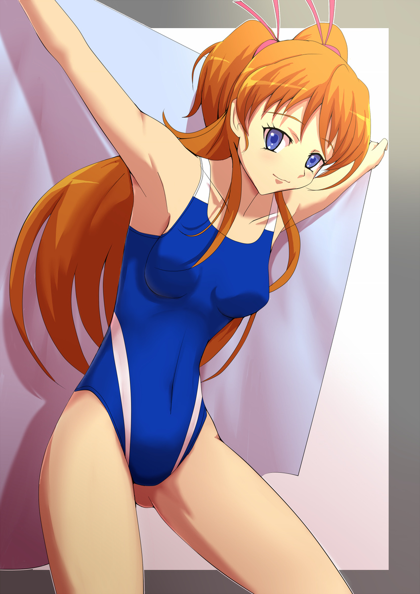 armpits arms_up blue_eyes competition_swimsuit highres houjou_hibiki long_hair making_of one-piece_swimsuit orange_hair precure solo suite_precure swimsuit towel twintails wss