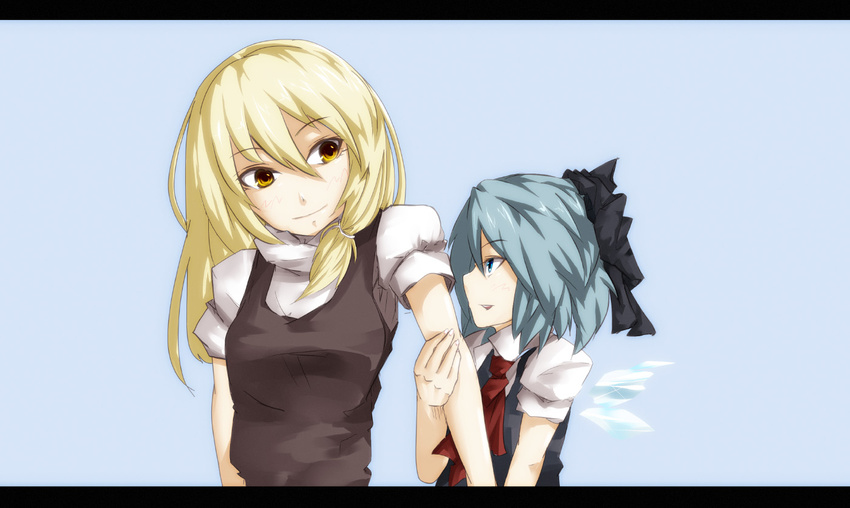 bad_id bad_pixiv_id blonde_hair blue_eyes blue_hair cirno flimflam hair_ribbon hat hat_removed headwear_removed height_difference ice ice_wings kirisame_marisa letterboxed multiple_girls ribbon touhou wings yellow_eyes