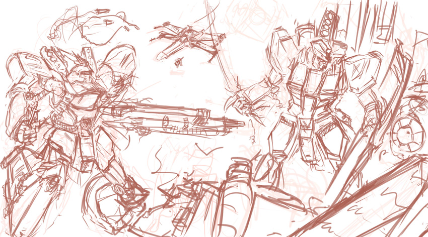 battle crossover dogfight epic gundam highres mecha missile mobile_suit mobile_suit_gundam no_humans nu_gundam panties_(pantsu-pirate) sazabi sketch space_craft star_wars starfighter t-65_x-wing tie_fighter work_in_progress x-wing