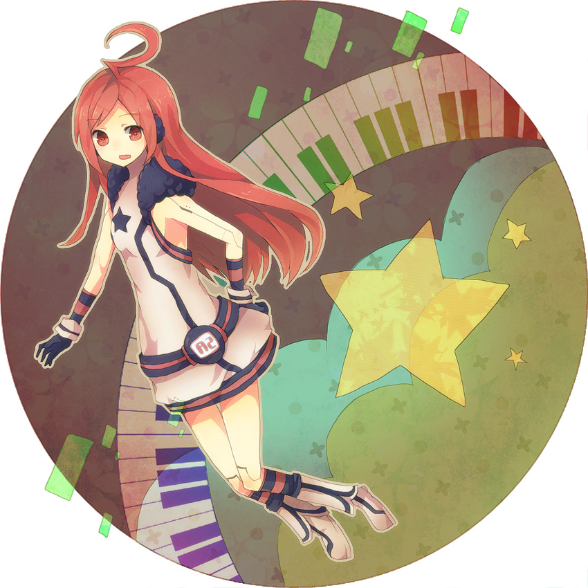 ahoge bad_id bad_pixiv_id belt boots cuffs doll_joints dress earphones gloves hand_on_hip highres instrument keyboard_(instrument) long_hair nigoru open_mouth red_eyes red_hair sf-a2_miki socks solo star striped striped_legwear vocaloid