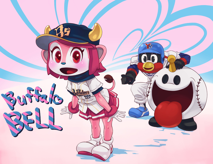 1girl :d absurdres animal_ears atsushi baseball_cap baseball_helmet baseball_uniform buffalo_bell character_name clothes_writing entarou hat helmet highres horns leaning_forward mascot nippon_professional_baseball open_mouth orix_buffaloes pink_hair pointing red_eyes scarf short_hair smile sportswear squatting tail tokyo_yakult_swallows