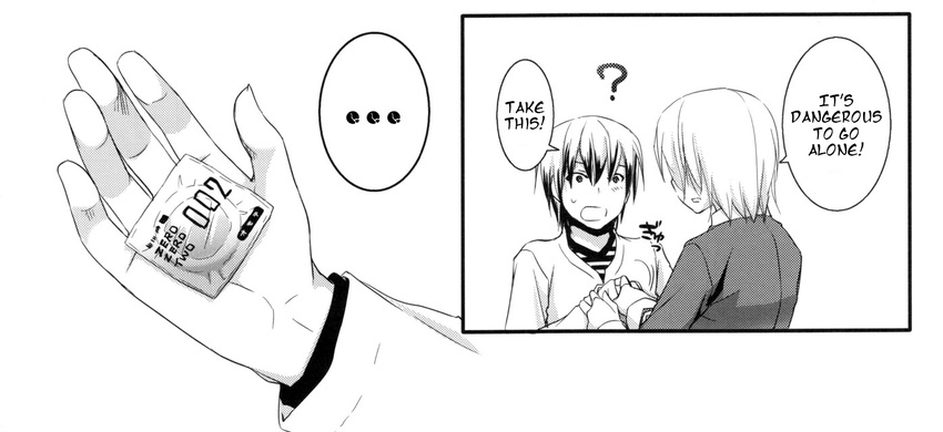 1boy 1girl ? artist_request boku_wa_tomodachi_ga_sukunai comic condom greyscale hands hard_translated hasegawa_kodaka holding holding_condom meme monochrome open_mouth short_hair stella_redfield translated