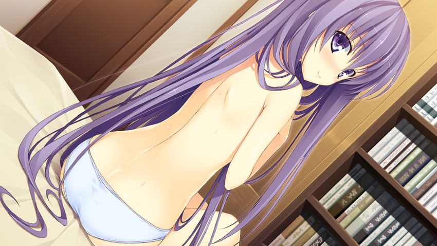 ass back bed bedroom blue_panties blush book bookshelf dutch_angle from_behind fujimori_yuu game_cg indoors koikishi_purely_kiss light_smile long_hair looking_at_viewer looking_back no_pants on_bed panties purple_eyes purple_hair sitting smile solo topless underwear very_long_hair wet yuuki_hagure