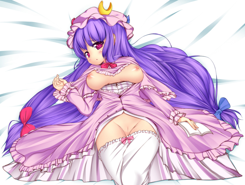 bloomers bloomers_pull blush book breasts colorized dress hat highres long_hair lying medium_breasts nipples no_bra noumin open_clothes osatsu patchouli_knowledge purple_eyes purple_hair pussy solo touhou underwear very_long_hair