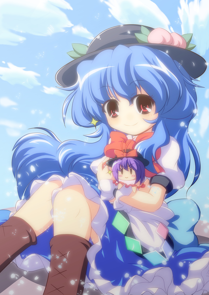 blue_hair blue_skirt blue_sky blush_stickers character_doll chibi cloud day food frilled_skirt frills fruit hat hat_ribbon highres hinanawi_tenshi long_hair medium_skirt multiple_girls nagae_iku nullpooo peach purple_hair red_eyes ribbon shirt short_hair sitting skirt sky smile sparkle touhou