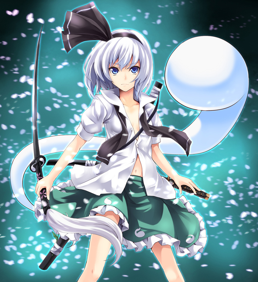 asu_hare bad_id bad_pixiv_id black_hairband blue_eyes cherry_blossoms collarbone dress_shirt frilled_skirt frills ghost glaring green_skirt hairband highres hitodama katana konpaku_youmu konpaku_youmu_(ghost) miniskirt navel no_bra open_clothes open_shirt petals print_skirt scabbard sheath sheathed shirt short_hair silver_hair skirt solo standing sword touhou unbuttoned undone_necktie untied weapon wind