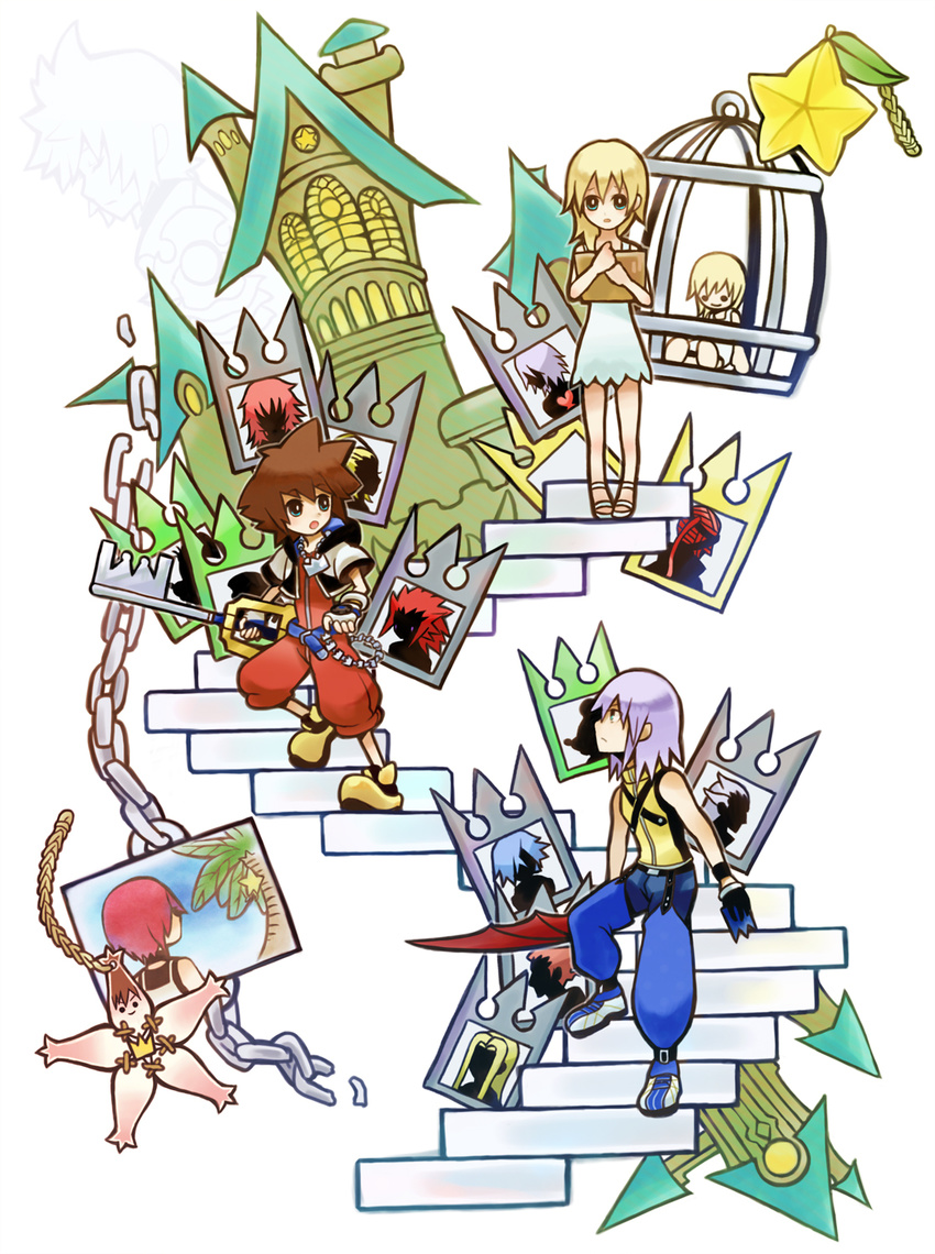 2boys akizuno ansem_seeker_of_darkness axel_(kingdom_hearts) bad_id bad_pixiv_id birdcage blonde_hair blue_eyes blue_hair brown_hair cage castle disney diz doll donald_duck dress facial_mark fingerless_gloves gloves goofy highres jewelry kairi_(kingdom_hearts) keyblade kingdom_hearts kingdom_hearts_chain_of_memories larxene lexaeus marluxia mickey_mouse multiple_boys namine necklace pink_hair red_hair riku riku_replica roxas sandals short_hair silver_hair sketchbook sora_(kingdom_hearts) sundress tree vexen zexion