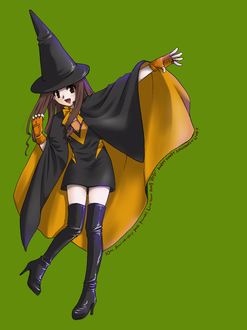 boots brown_eyes brown_hair cape fingerless_gloves gloves halloween hat high_heels highres kishino kuraki_mai long_hair real_life shoes solo thigh_boots thighhighs witch witch_hat zettai_ryouiki