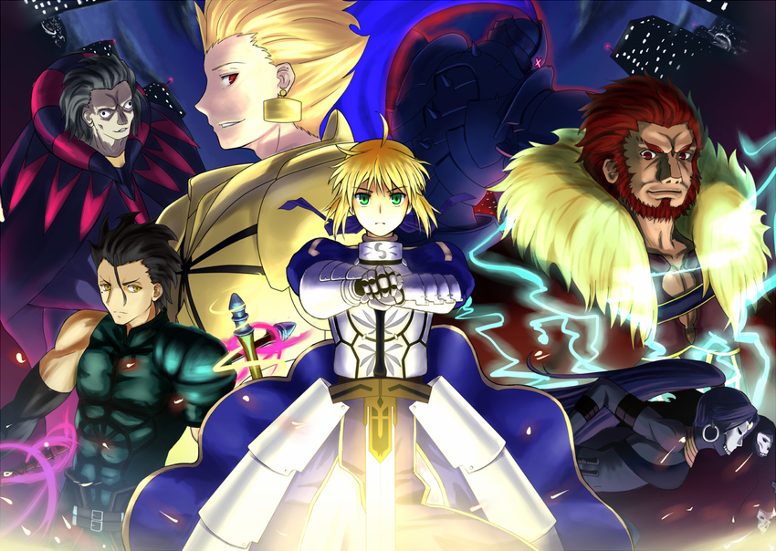 6+boys ahoge armor armored_dress artoria_pendragon_(all) assassin_(fate/zero) bare_shoulders beard berserker_(fate/zero) blonde_hair cape caster_(fate/zero) dress earrings excalibur facial_hair fate/zero fate_(series) gilgamesh green_eyes jewelry kotera_ryou lancer_(fate/zero) long_hair multiple_boys multiple_girls polearm purple_hair red_eyes red_hair rider_(fate/zero) saber short_hair spear sword weapon