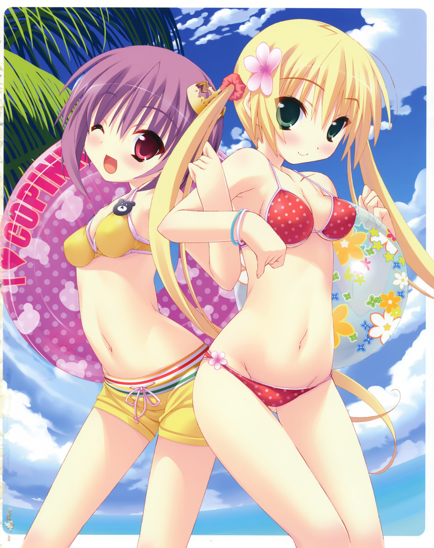 :d absurdres ball beachball bikini blonde_hair blue_sky blush breasts cleavage cloud crown day fang flower green_eyes groin hair_flower hair_ornament highres innertube kannagi_rei locked_arms long_hair macaron_(twinkle_crusaders) medium_breasts misa_brigitta_cristelis multiple_girls navel one_eye_closed open_mouth outdoors palm_tree polka_dot polka_dot_bikini polka_dot_swimsuit purple_hair red_eyes short_hair shorts sky small_breasts smile strap_gap swimsuit thigh_gap tree twinkle_crusaders twintails wristband