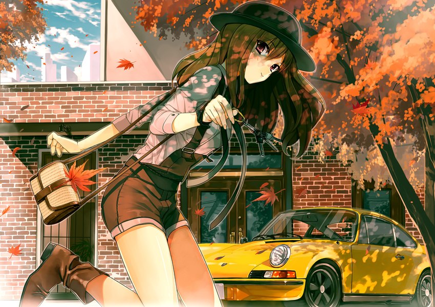 autumn bag brown_hair car ground_vehicle hat highres key leaf long_hair matsui_hiroaki motor_vehicle original overalls porsche porsche_911 purple_eyes shorts sleeves_pushed_up solo tree_shade