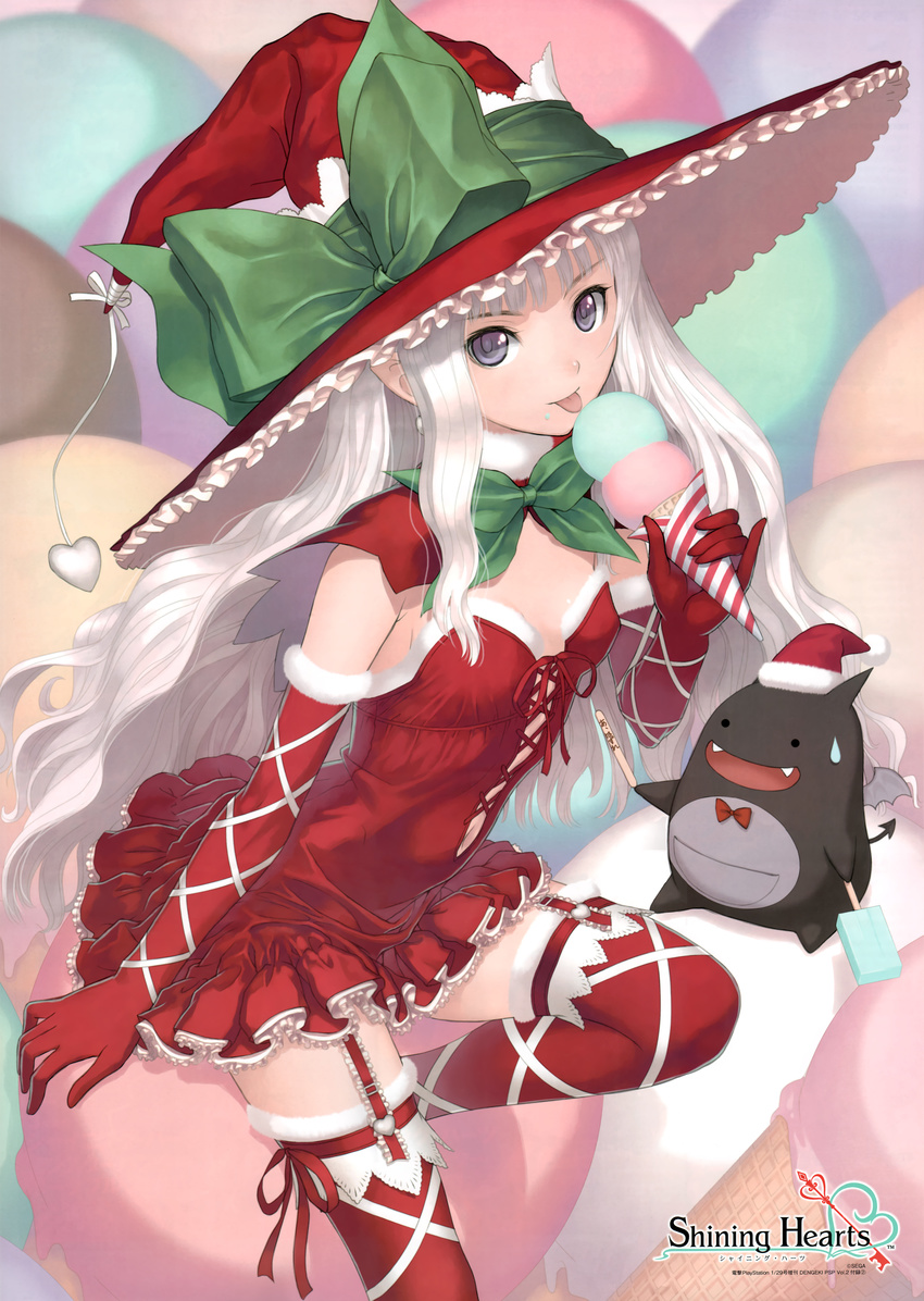:p absurdres bare_shoulders blue_eyes christmas elbow_gloves food gloves hat heart highres ice_cream image_sample melty_(shining_hearts) red_gloves shining_(series) shining_hearts shining_world solo sorbe_(shining_hearts) sweatdrop tanaka_takayuki thighhighs tongue tongue_out witch_hat yandere_sample