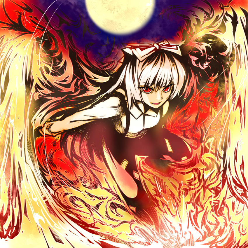 bad_id bad_pixiv_id bow fire fujiwara_no_mokou hair_bow highres long_hair moon pants red_eyes ribbon ryuushou smile solo suspenders touhou very_long_hair white_hair