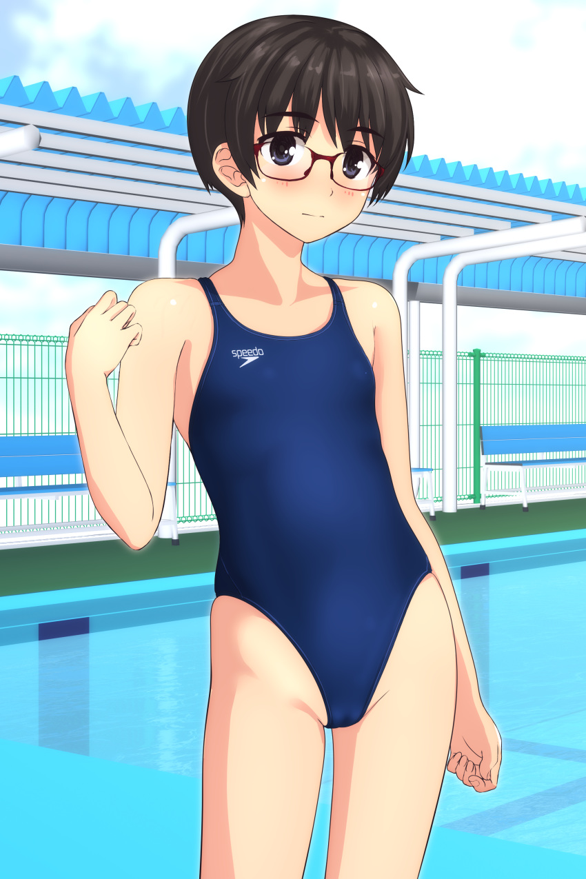 1girl absurdres androgynous bench black_eyes black_hair blue_swimsuit blush brown-framed_eyewear collarbone commentary_request competition_swimsuit cowboy_shot flat_chest glasses highres one-piece_swimsuit original pool short_hair solo speedo_(company) standing swimsuit takafumi
