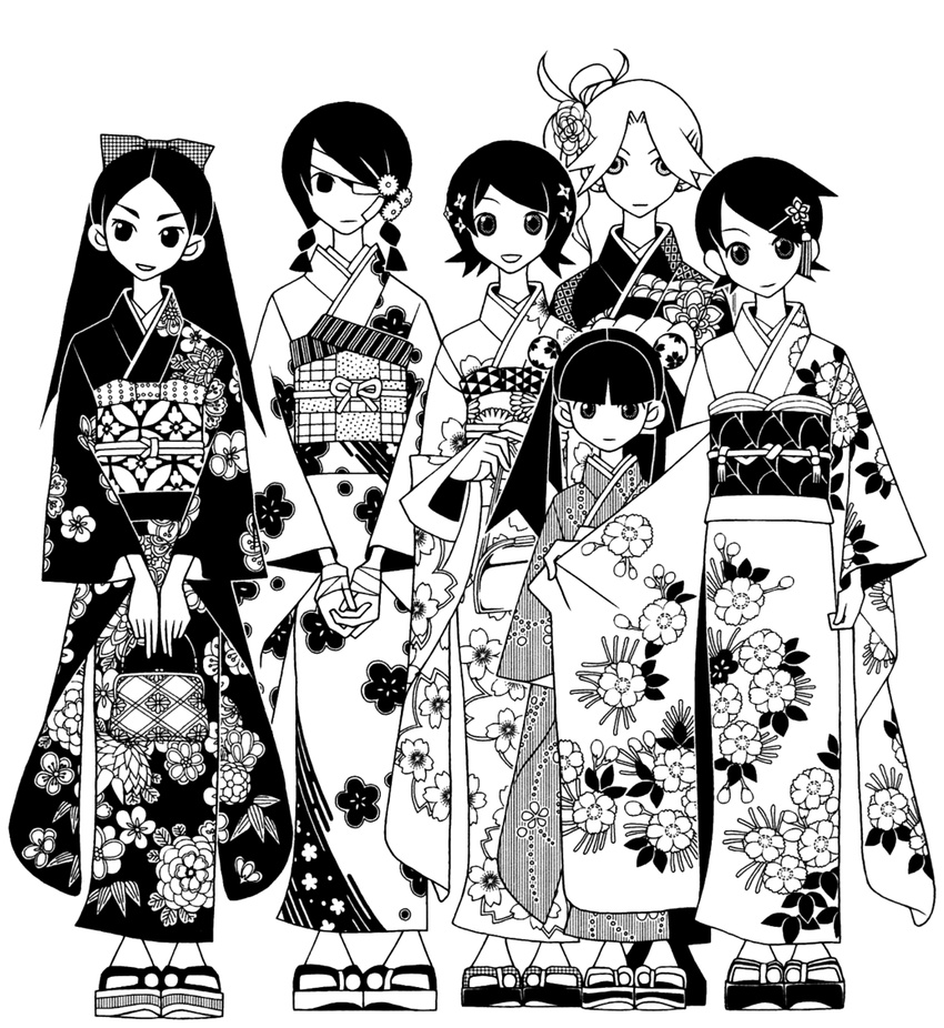 bandages black_hair bow braid floral_print fuura_kafuka greyscale hair_bobbles hair_bow hair_ornament highres hitou_nami japanese_clothes kimono kimura_kaere kitsu_chiri kobushi_abiru kumeta_kouji long_hair monochrome multiple_girls official_art otonashi_meru sandals sayonara_zetsubou_sensei simple_background smile twin_braids twintails