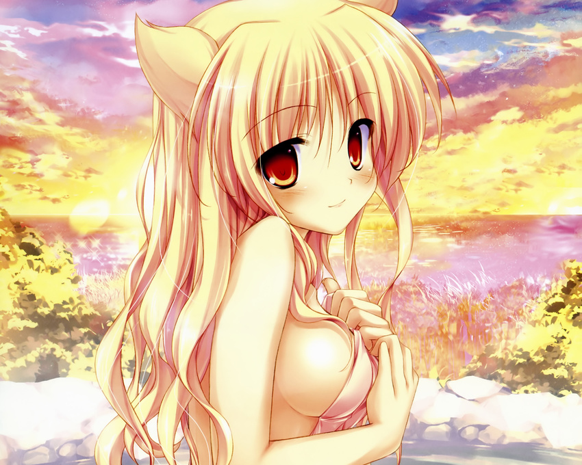 animal_ears ass blonde_hair blush brown_eyes fujisaki_rei onsen original sideboob towel