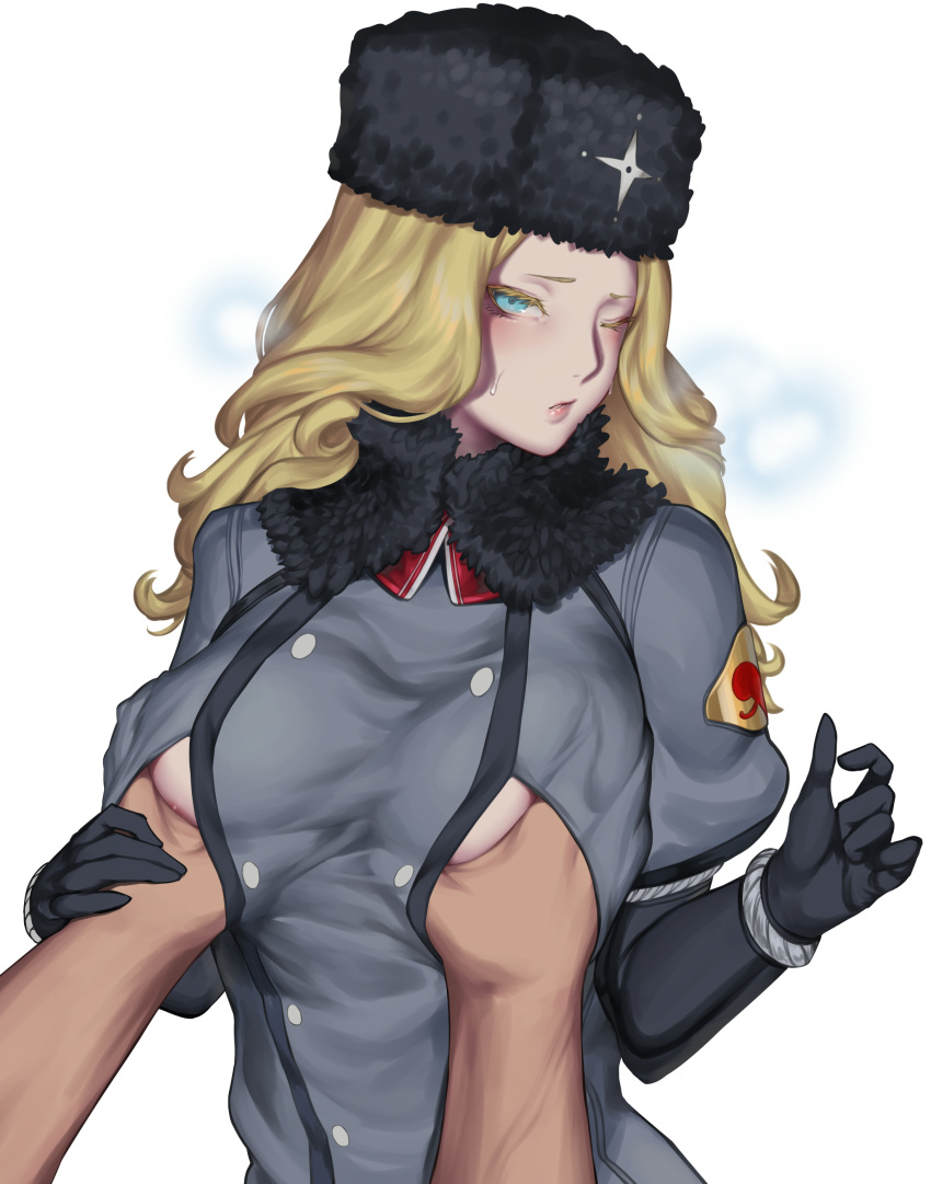 1girl absurdres black_gloves blonde_hair blue_eyes blush breast_grab breasts breath buttons eyelashes fur_collar fur_hat gloves grabbing hand_under_clothes hat highres kolin kumiko_shiba large_breasts light_blush long_hair looking_at_viewer one_eye_closed parted_lips pov russian_clothes simple_background solo_focus street_fighter street_fighter_v sweatdrop upper_body ushanka white_background