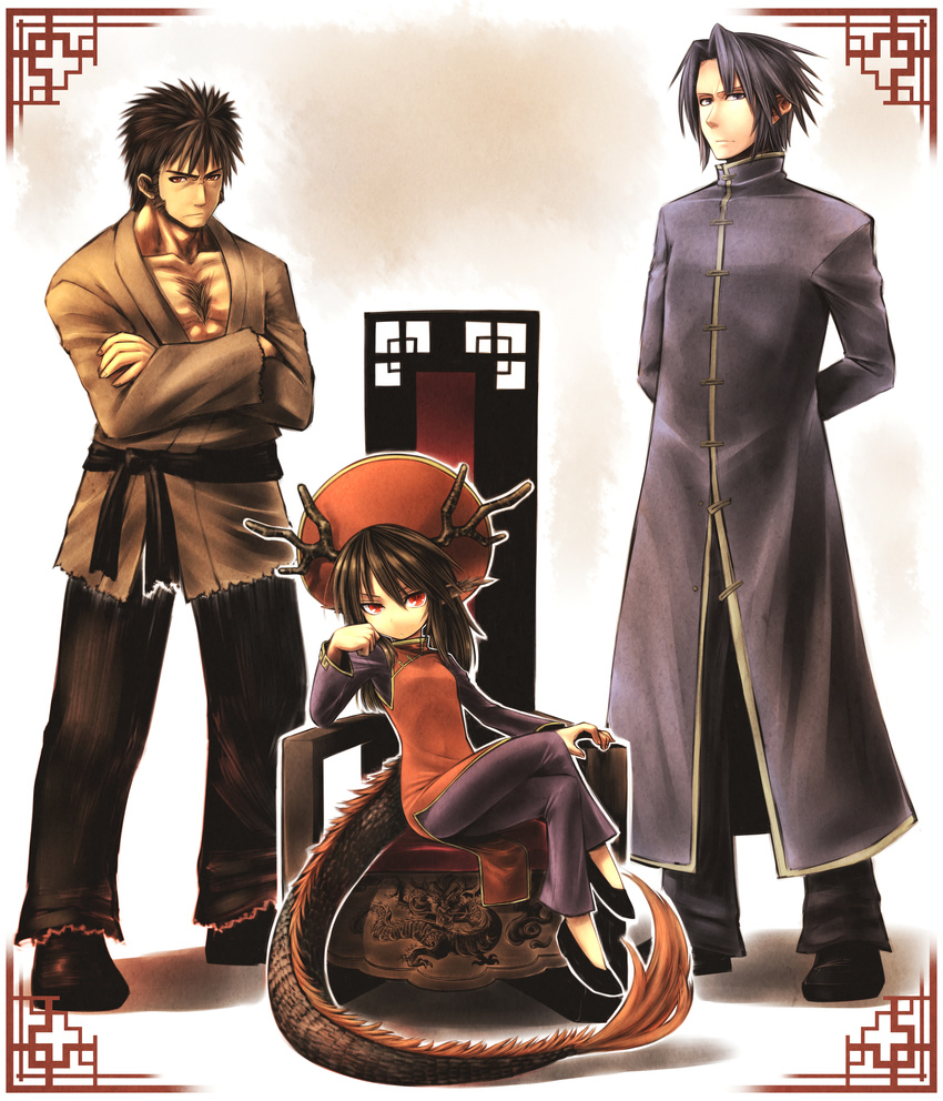 2boys absurdres arms_behind_back ayakashi_banashi bad_id bad_pixiv_id brown_hair child chin_rest china_dress chinese_clothes crossed_arms crossed_legs dragon dragon_girl dragon_tail dress eastern_dragon hand_on_own_cheek hand_on_own_face highres horns linhua_(ayakashi_banashi) long_hair looking_at_viewer monster_girl multiple_boys original red_eyes short_hair sitting tail yoshida_hideyuki