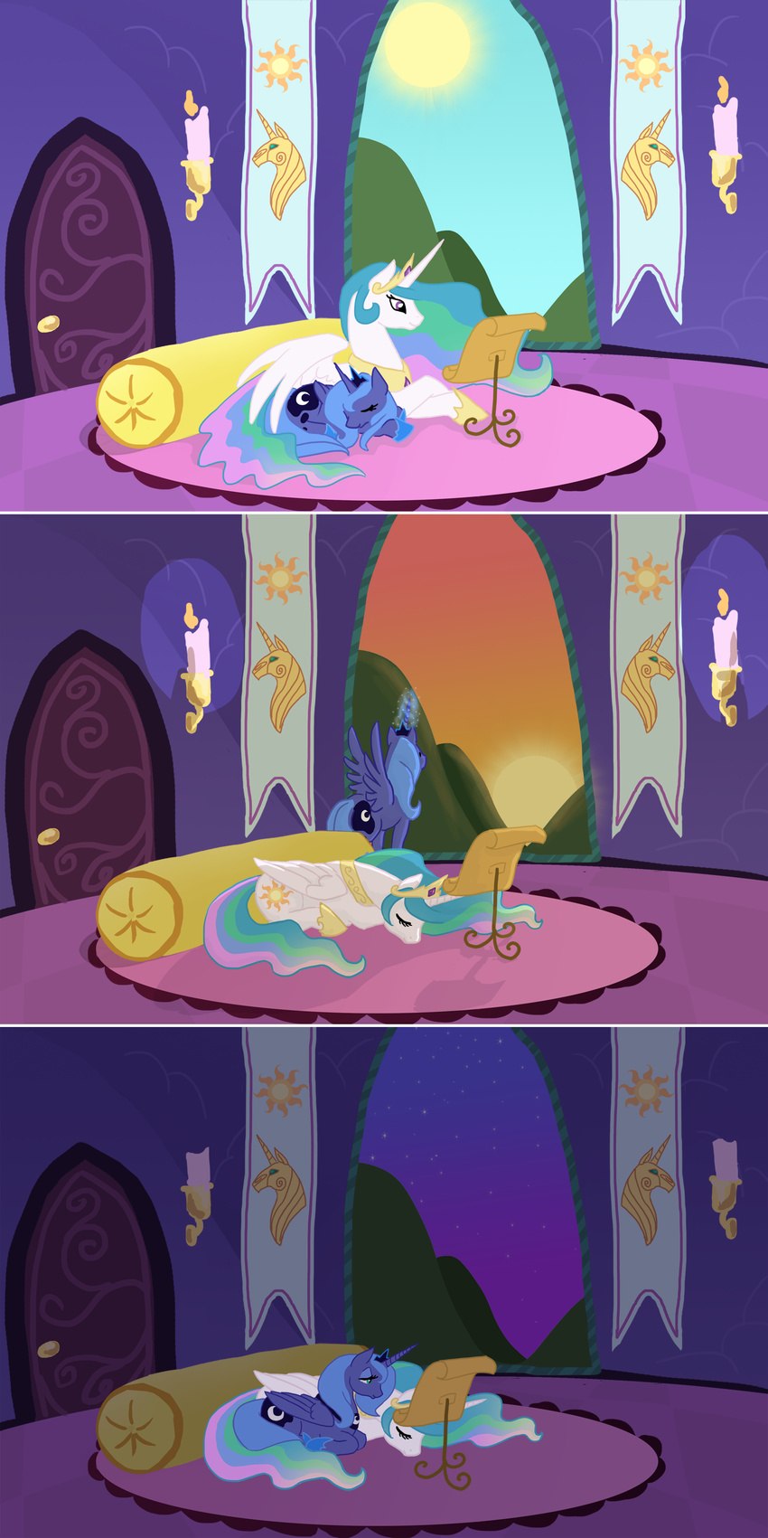 alicorn blue_hair bux candle castle comic cutie_mark day duo equine female feral fire friendship_is_magic green_eyes hair hasbro horn horse long_hair magic mammal moon multi-colored_hair my_little_pony night pegacorn pony princess princess_celestia_(mlp) princess_luna_(mlp) purple_eyes royalty sibling siblings sisters sleeping sun tail winged_unicorn wings