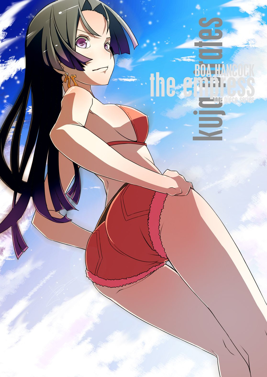 1girl ass belt bikini_top black_hair blue_sky boa_hancock cloud clouds denim denim_shorts earrings female firecel highres jewelry long_hair looking_back midriff one_piece purple_eyes red_shorts shorts sky solo text