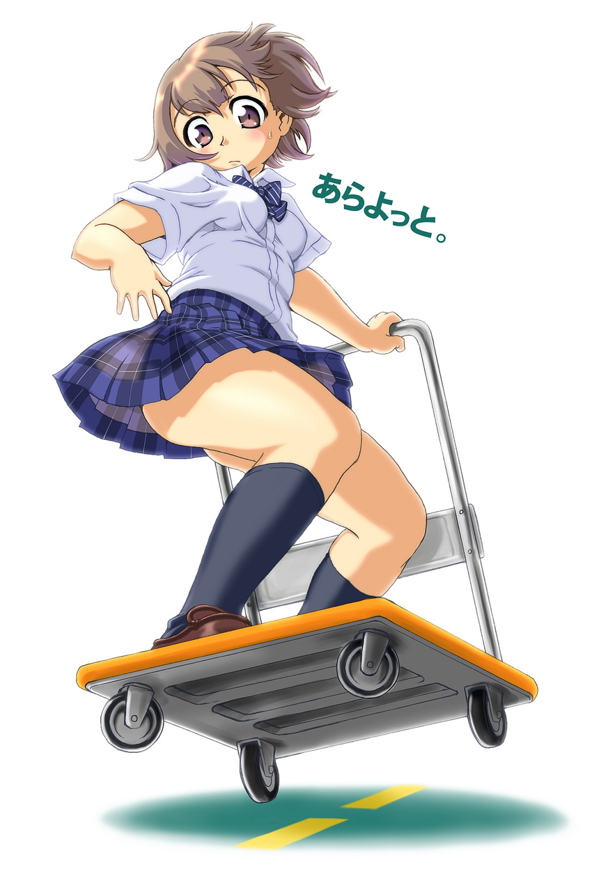 blue_skirt brown_eyes brown_hair gmbh highres miniskirt original plaid plaid_skirt pleated_skirt school_uniform simple_background skirt socks solo