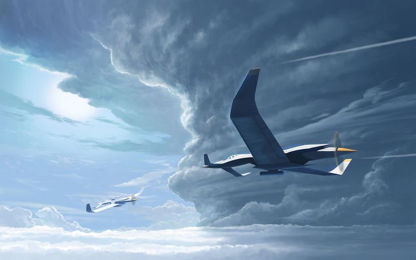 airplane bad_id bad_pixiv_id canards cloud condensation_trail day gugu_(monkey) no_humans original propeller realistic scenery science_fiction sky sun