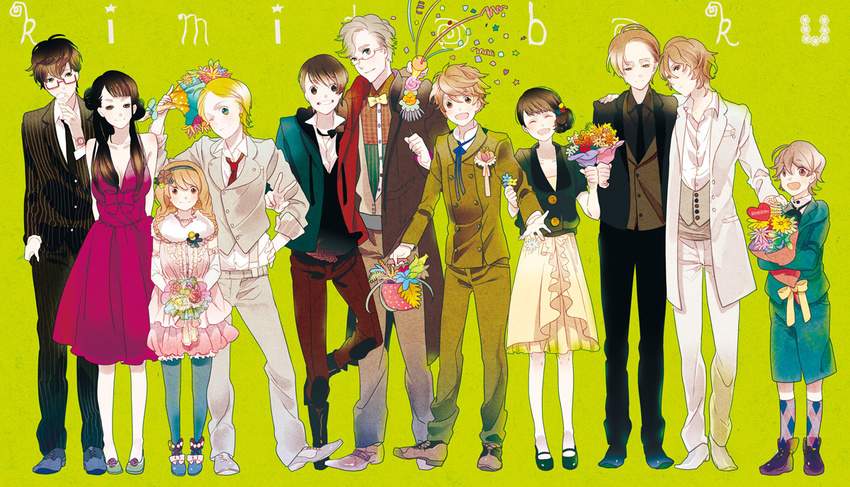 6+boys agetaiyaki aida_hisako akira_(kimi_to_boku) alternate_hairstyle annotated asaba_yuuki asaba_yuuta azuma_kouichi bad_id bad_pixiv_id black_hair blonde_hair bouquet braid brown_hair dress flower formal glasses green_eyes kimi_to_boku long_hair matsuoka_shun matsushita_ryuunosuke multiple_boys multiple_girls necktie one_eye_closed pantyhose pinstripe_pattern pinstripe_suit satou_masaki short_hair siblings striped suit tachibana_chizuru_(kimi_to_boku) takahashi_(kimi_to_boku) tsukahara_kaname tuxedo twin_braids twins