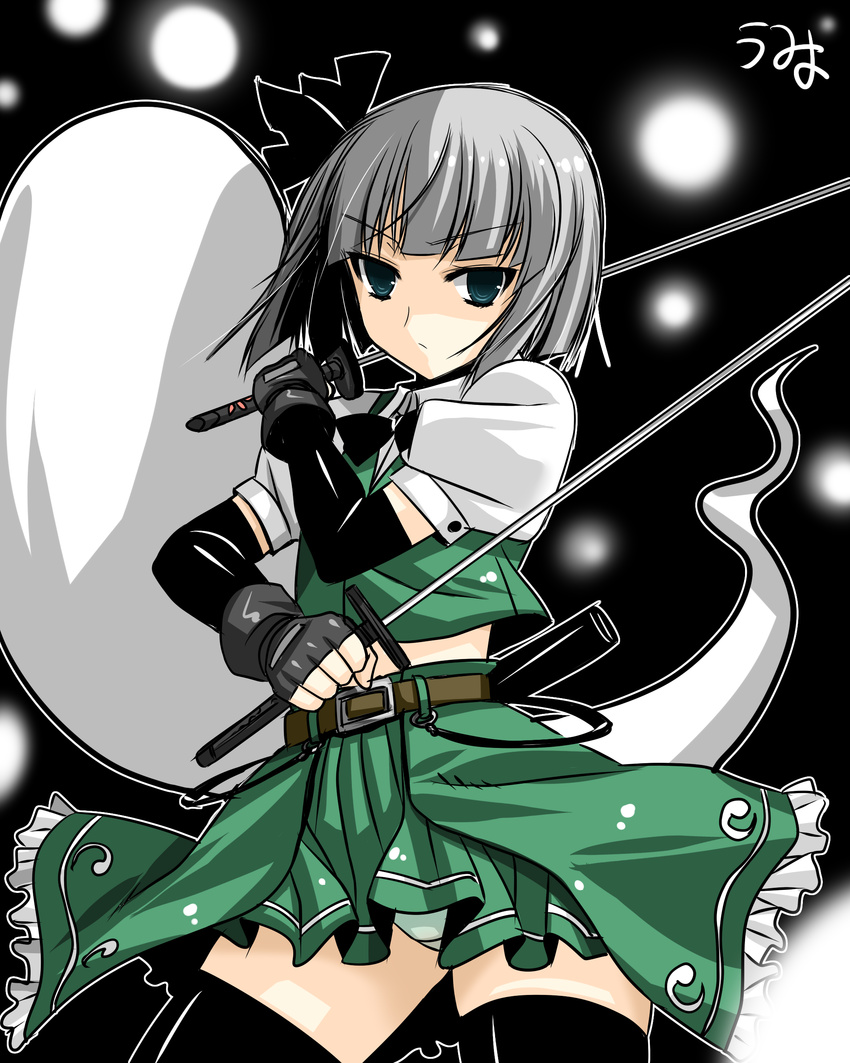 absurdres aqua_eyes belt black_gloves black_legwear blue_eyes blue_panties dual_wielding fingerless_gloves frilled_skirt frills ghost gloves green_skirt highres hitodama holding konpaku_youmu konpaku_youmu_(ghost) midriff miniskirt panties pleated_skirt print_skirt silver_hair skirt solo sword thighhighs touhou umyonge_(lkakeu) underwear vest weapon