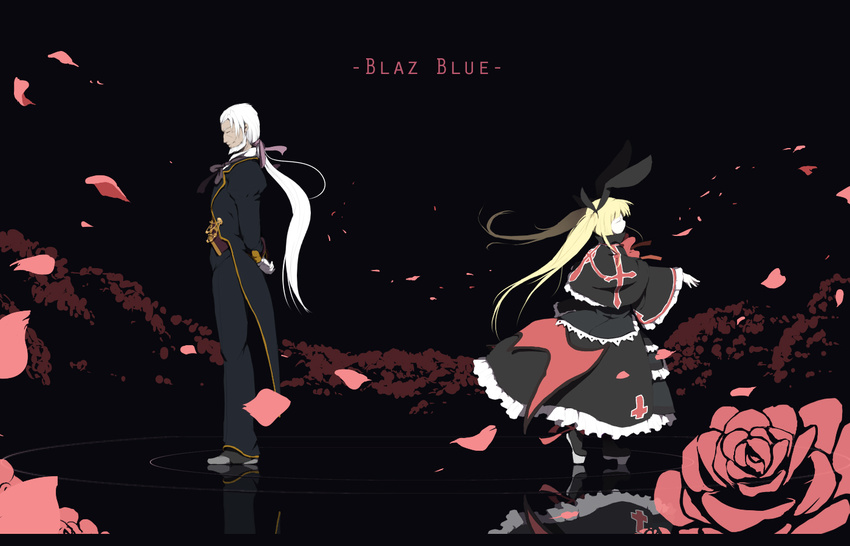 1boy 1girl arc_system_works blazblue blonde_hair dress flower girl long_hair male petals ponytail rachel_alucard ribbon rose rose_petals roses twintails valkenhayn_r_hellsing vampire werewolf white_hair