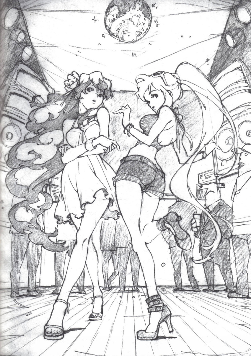 2girls breasts disco_ball dress high_heels highres indoors large_breasts long_hair looking_at_viewer looking_back midriff monochrome multiple_girls nia_teppelin ponytail shark shoes short_dress short_shorts tengen_toppa_gurren_lagann two-tone_hair very_long_hair yoko_littner