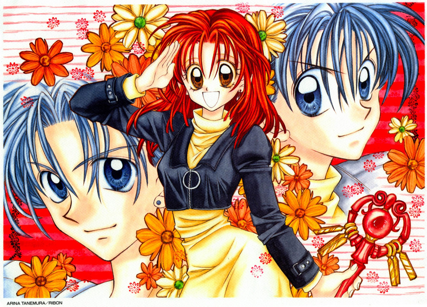 2boys 90s :d blue_hair brothers brown_eyes face flower highres jacket jin_hizuki jin_sakataki multiple_boys official_art open_mouth salute siblings smile suomi_kyouko tanemura_arina time_stranger_kyoko traditional_media wand